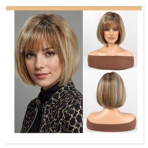Classic Short Bob Wig with Bangs - Honey Blonde